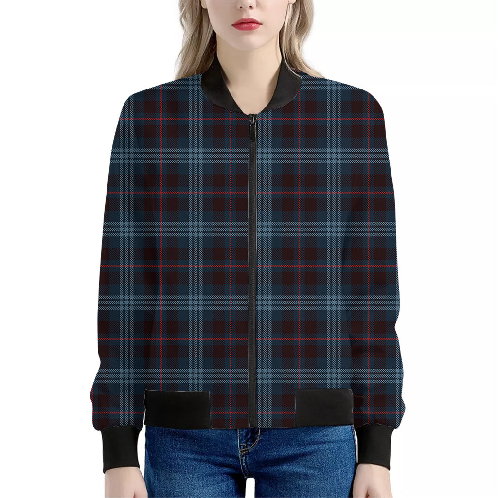 Dark Blue Tartan Pattern Print Women's Bomber Jacket