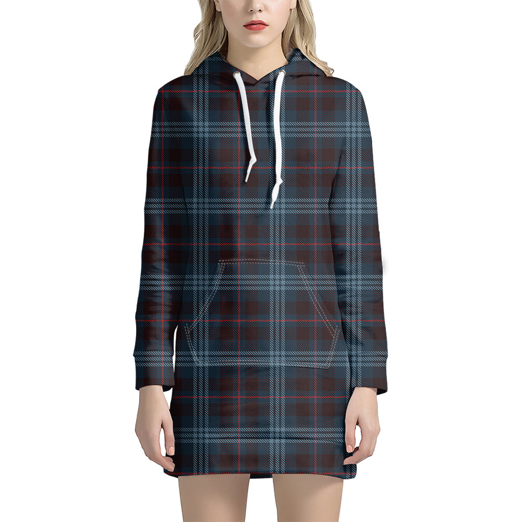 Dark Blue Tartan Pattern Print Women's Pullover Hoodie Dress