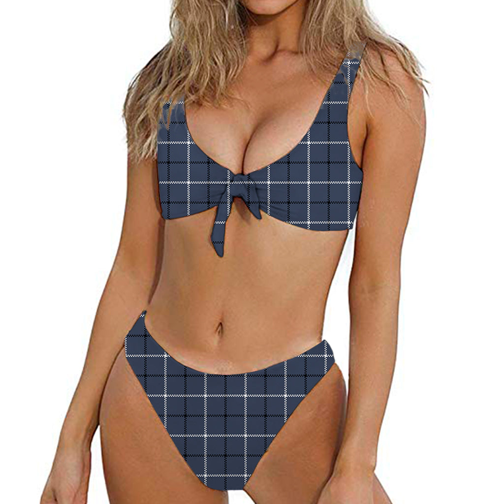 Dark Blue Tattersall Pattern Print Front Bow Tie Bikini