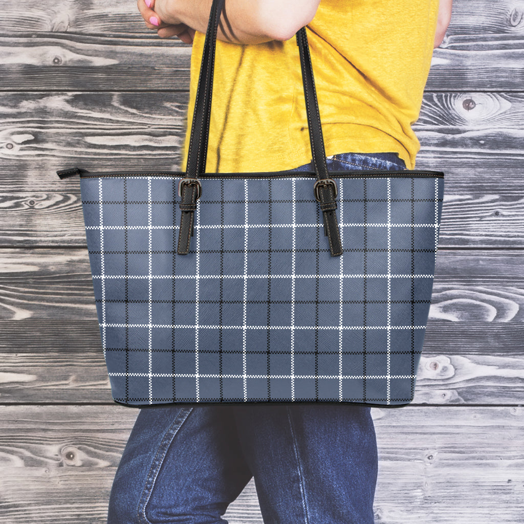 Dark Blue Tattersall Pattern Print Leather Tote Bag