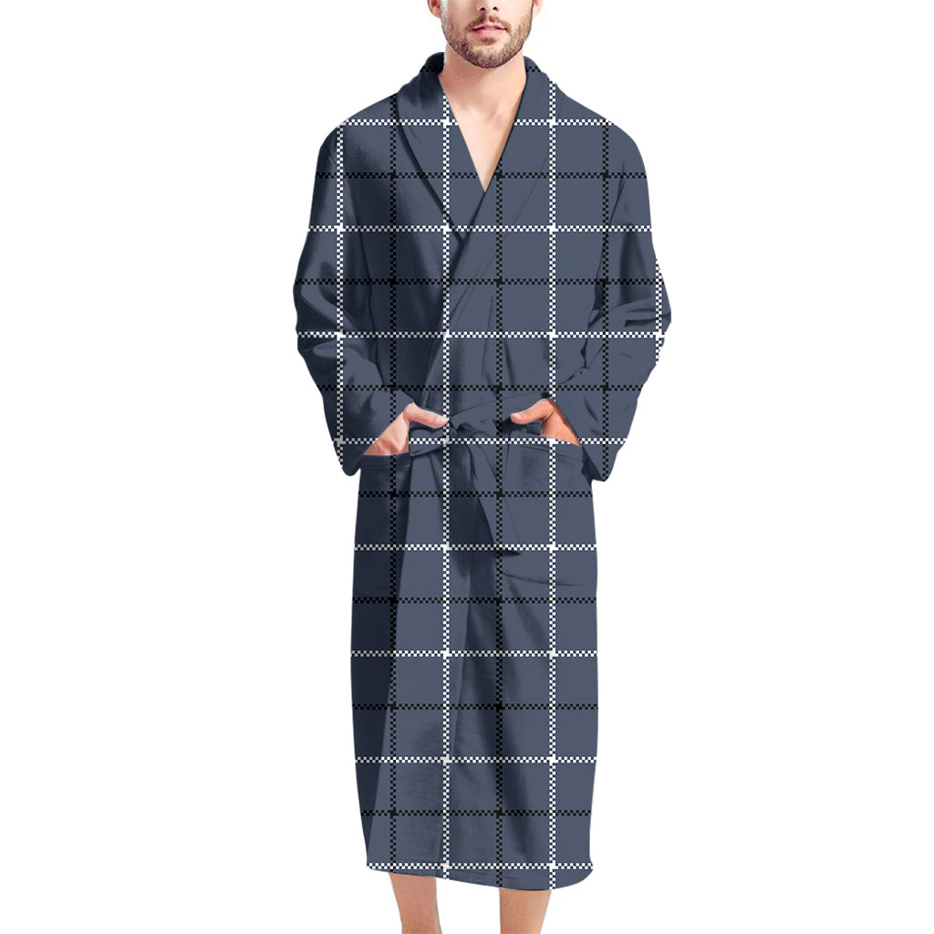 Dark Blue Tattersall Pattern Print Men's Bathrobe