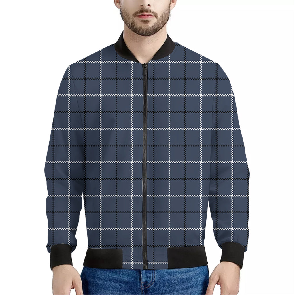 Dark Blue Tattersall Pattern Print Men's Bomber Jacket