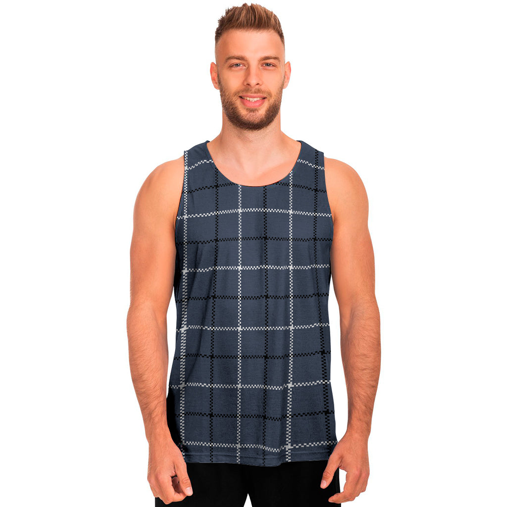 Dark Blue Tattersall Pattern Print Men's Tank Top