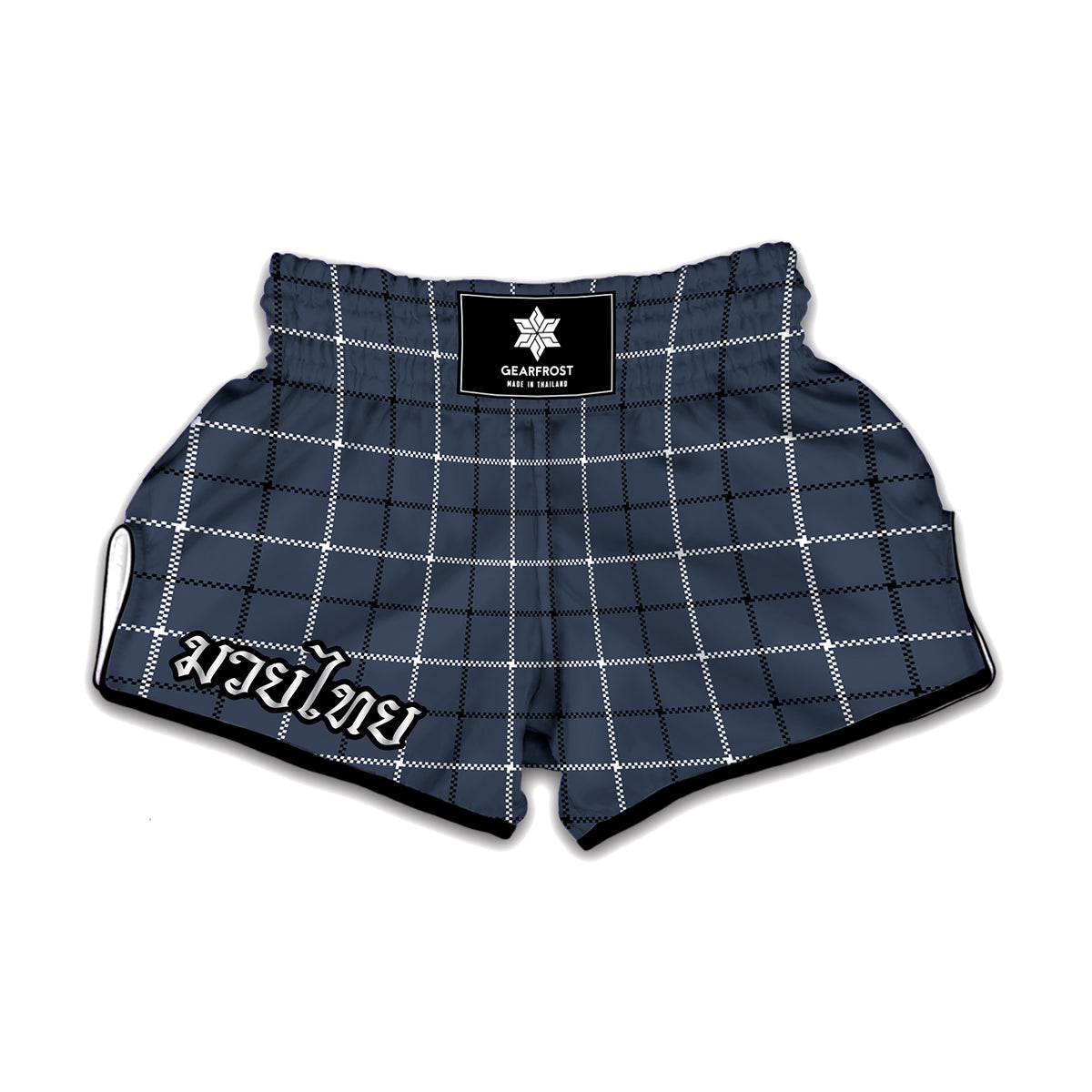 Dark Blue Tattersall Pattern Print Muay Thai Boxing Shorts