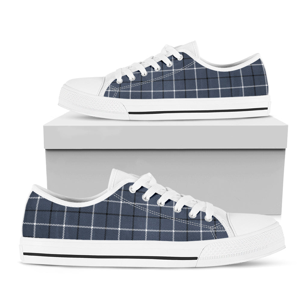 Dark Blue Tattersall Pattern Print White Low Top Shoes