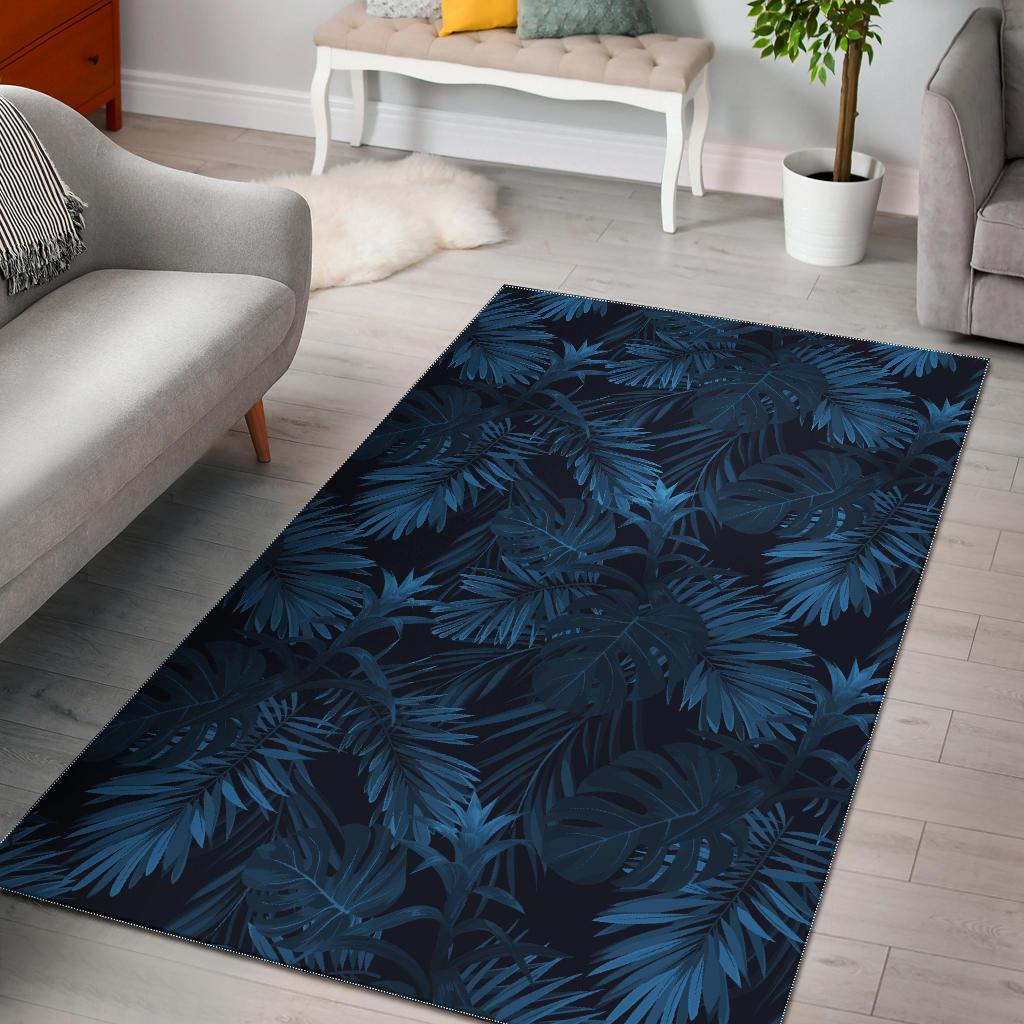 Dark Blue Tropical Leaf Pattern Print Area Rug
