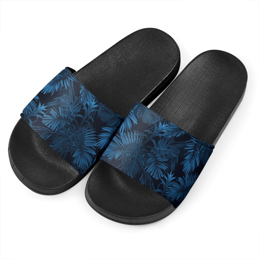 Dark Blue Tropical Leaf Pattern Print Black Slide Sandals