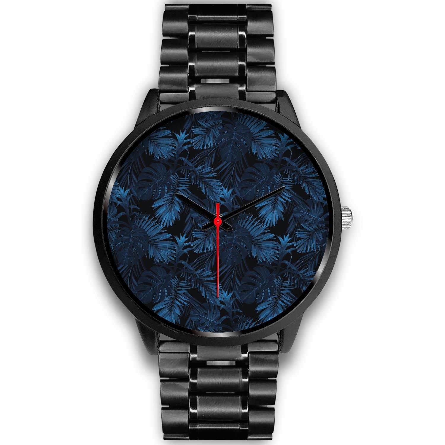 Dark Blue Tropical Leaf Pattern Print Black Watch