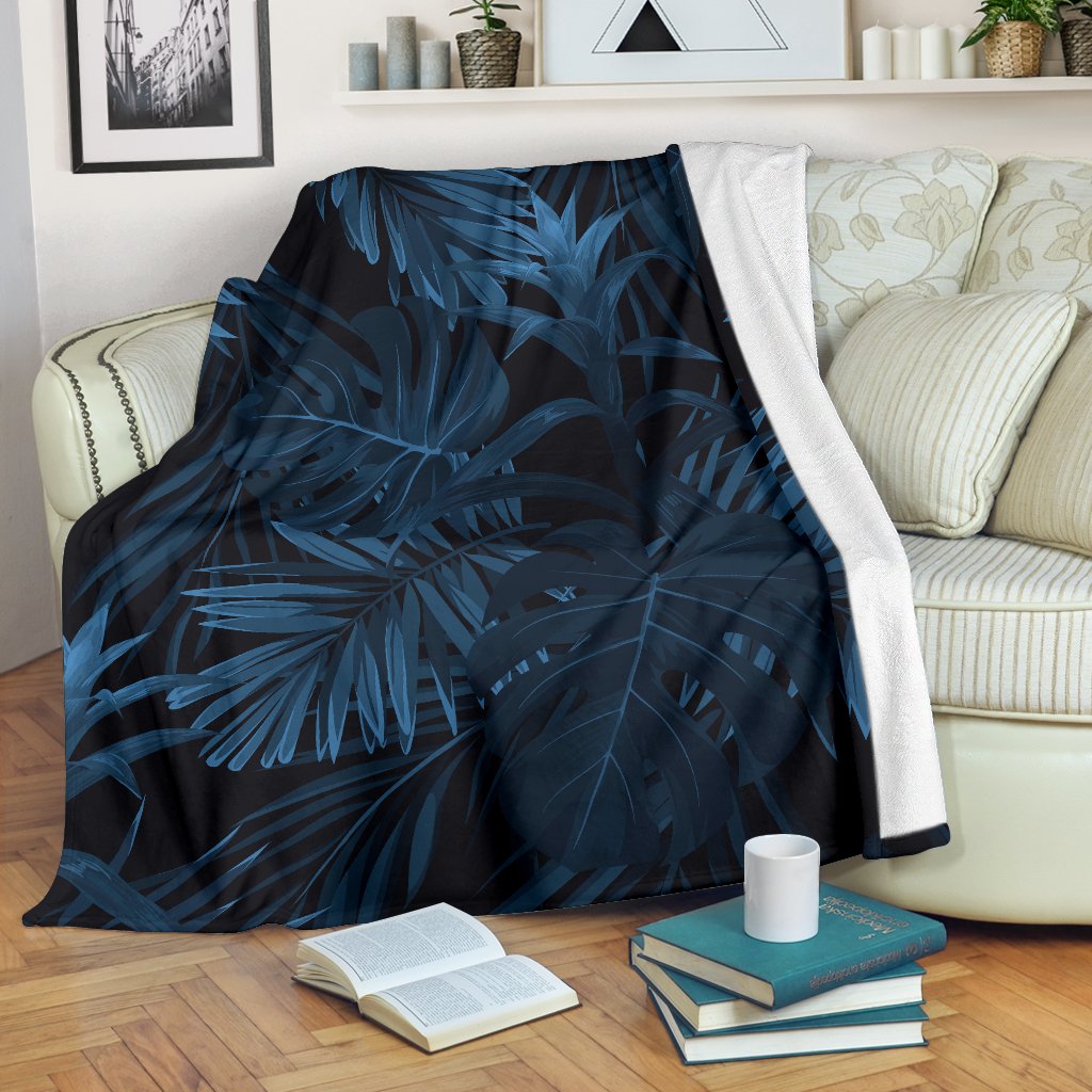 Dark Blue Tropical Leaf Pattern Print Blanket