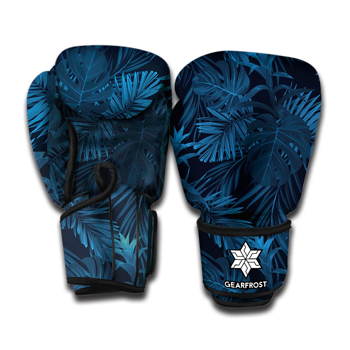 Dark Blue Tropical Leaf Pattern Print Boxing Gloves