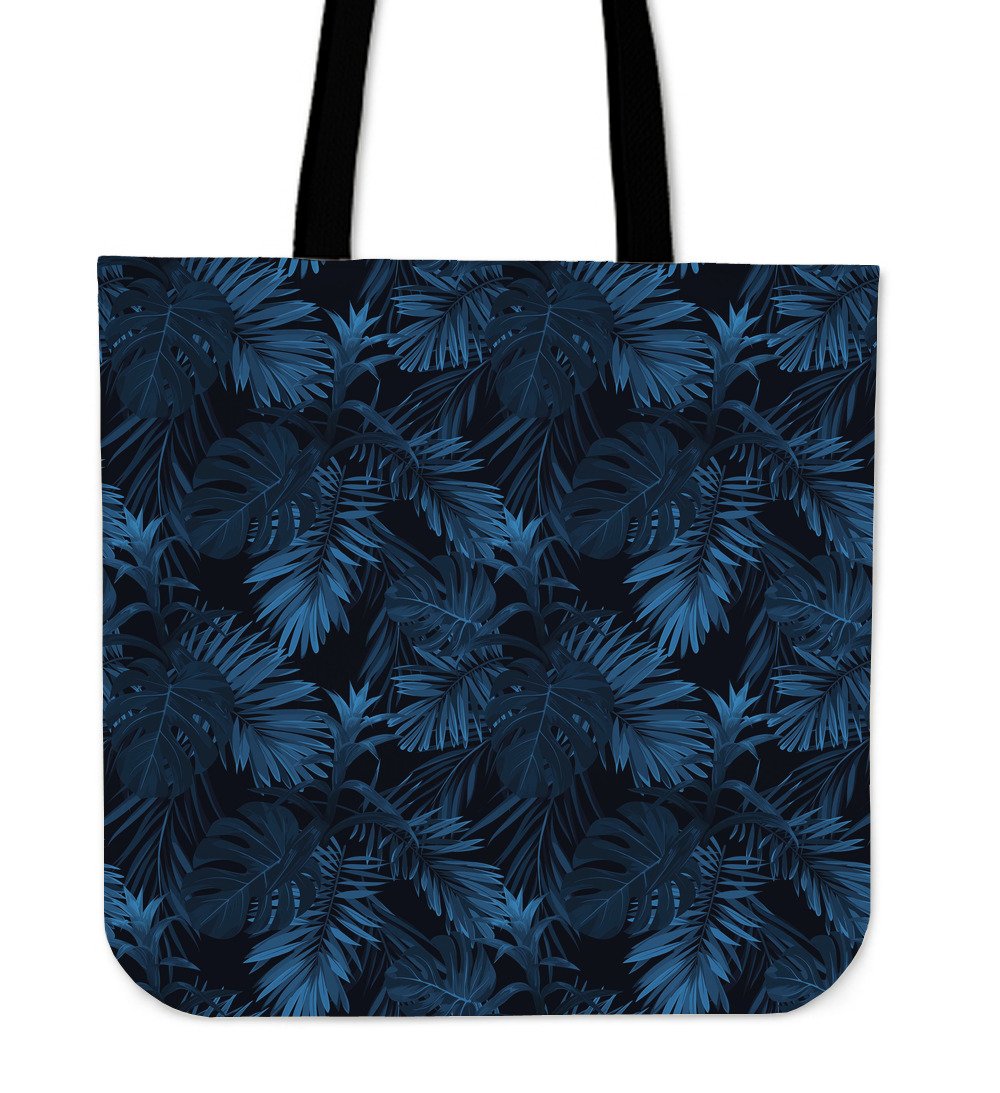 Dark Blue Tropical Leaf Pattern Print Canvas Tote Bag