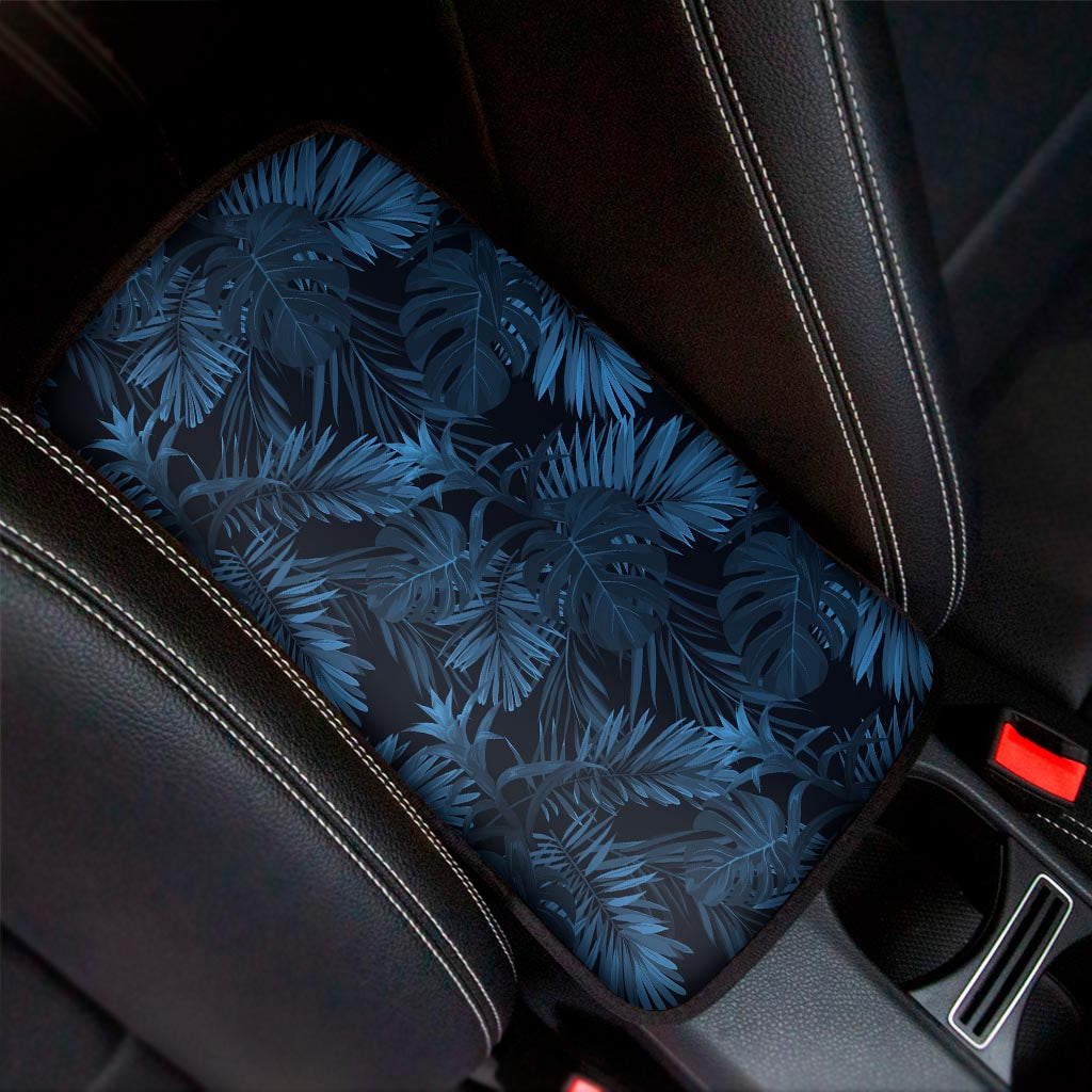 Dark Blue Tropical Leaf Pattern Print Car Center Console Cover