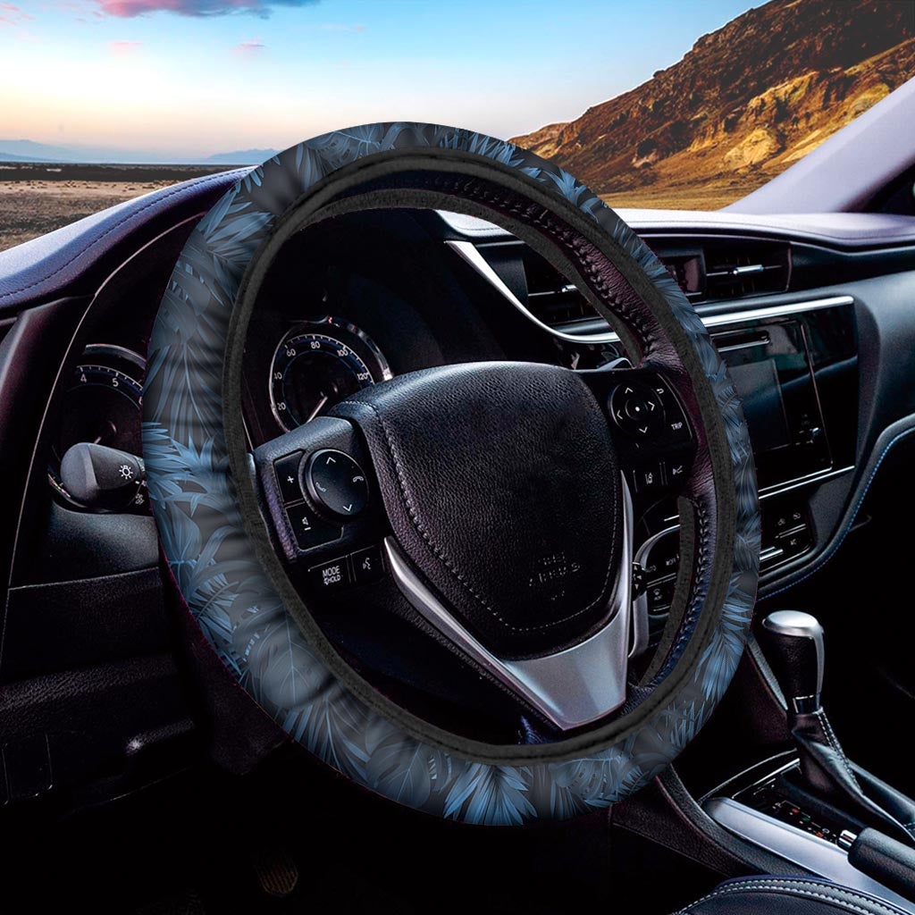 Dark Blue Tropical Leaf Pattern Print Car Steering Wheel Cover