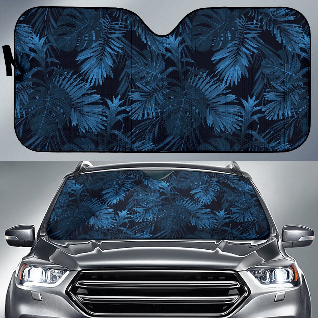 Dark Blue Tropical Leaf Pattern Print Car Sun Shade