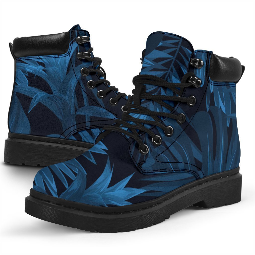 Dark Blue Tropical Leaf Pattern Print Classic Boots