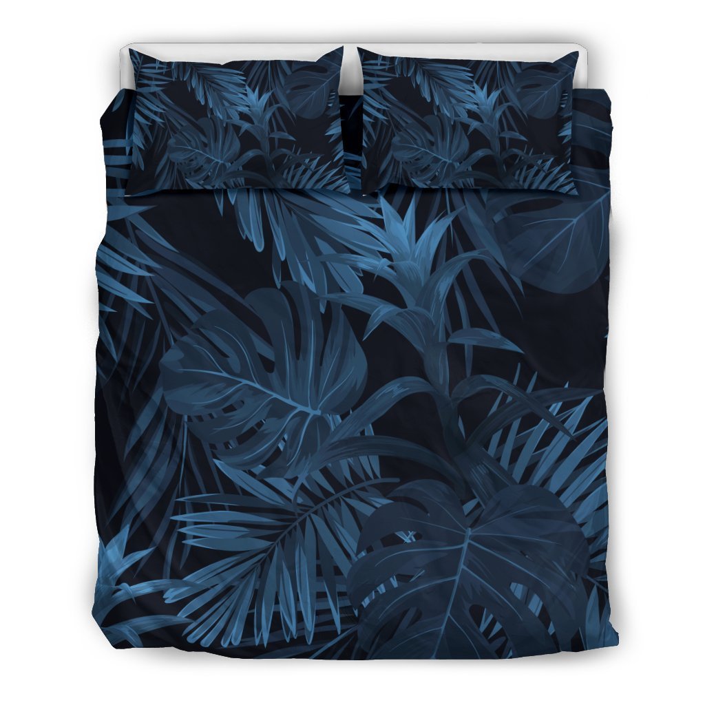 Dark Blue Tropical Leaf Pattern Print Duvet Cover Bedding Set