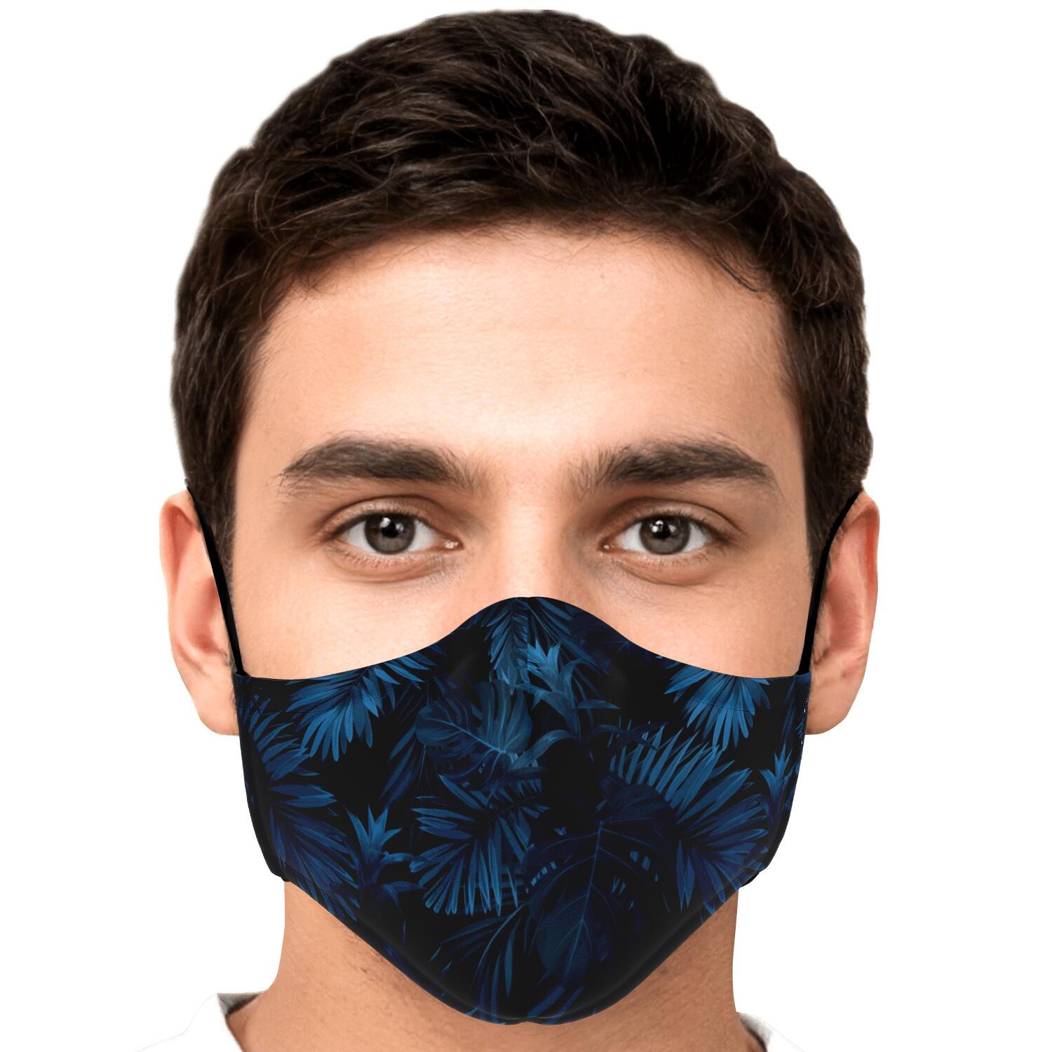 Dark Blue Tropical Leaf Pattern Print Face Mask