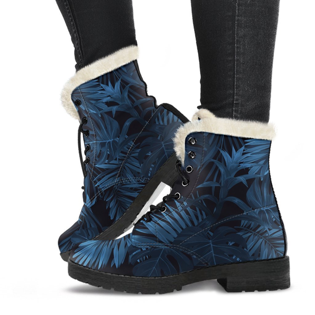 Dark Blue Tropical Leaf Pattern Print Faux Fur Leather Boots