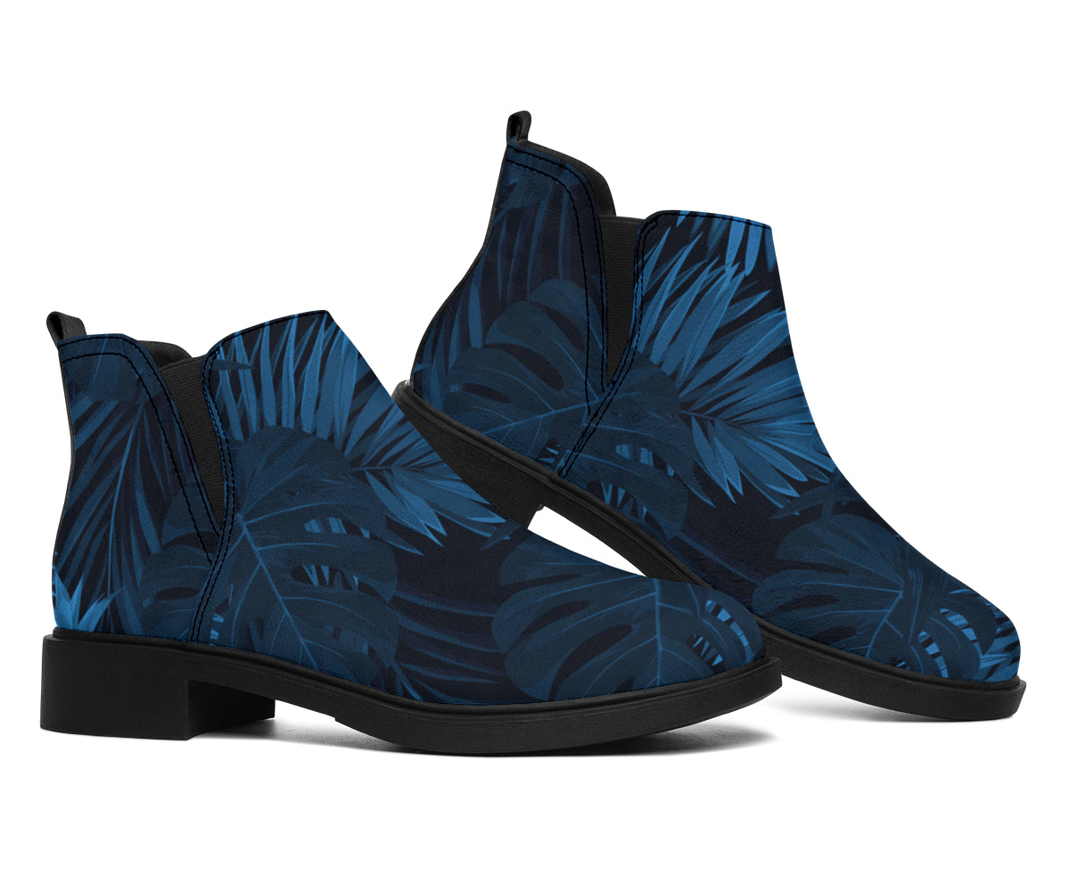 Dark Blue Tropical Leaf Pattern Print Flat Ankle Boots