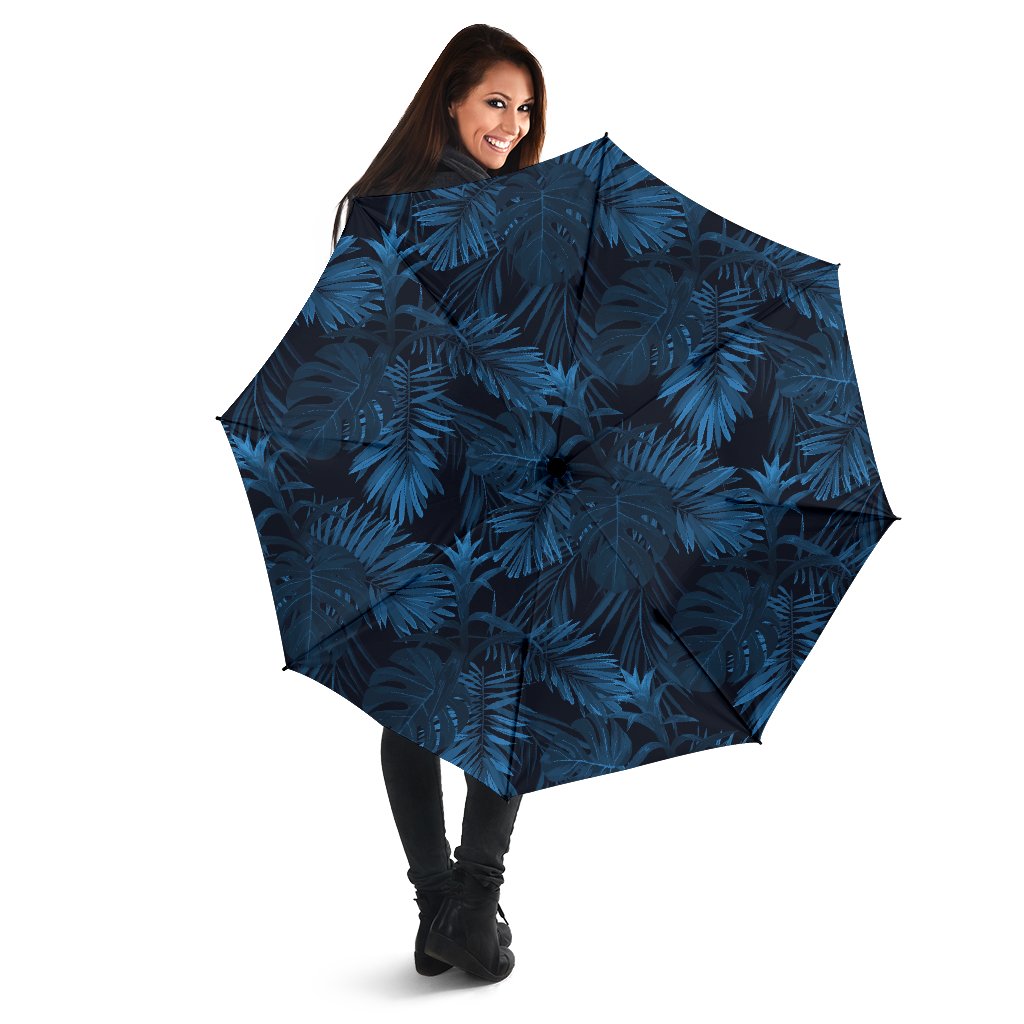 Dark Blue Tropical Leaf Pattern Print Foldable Umbrella