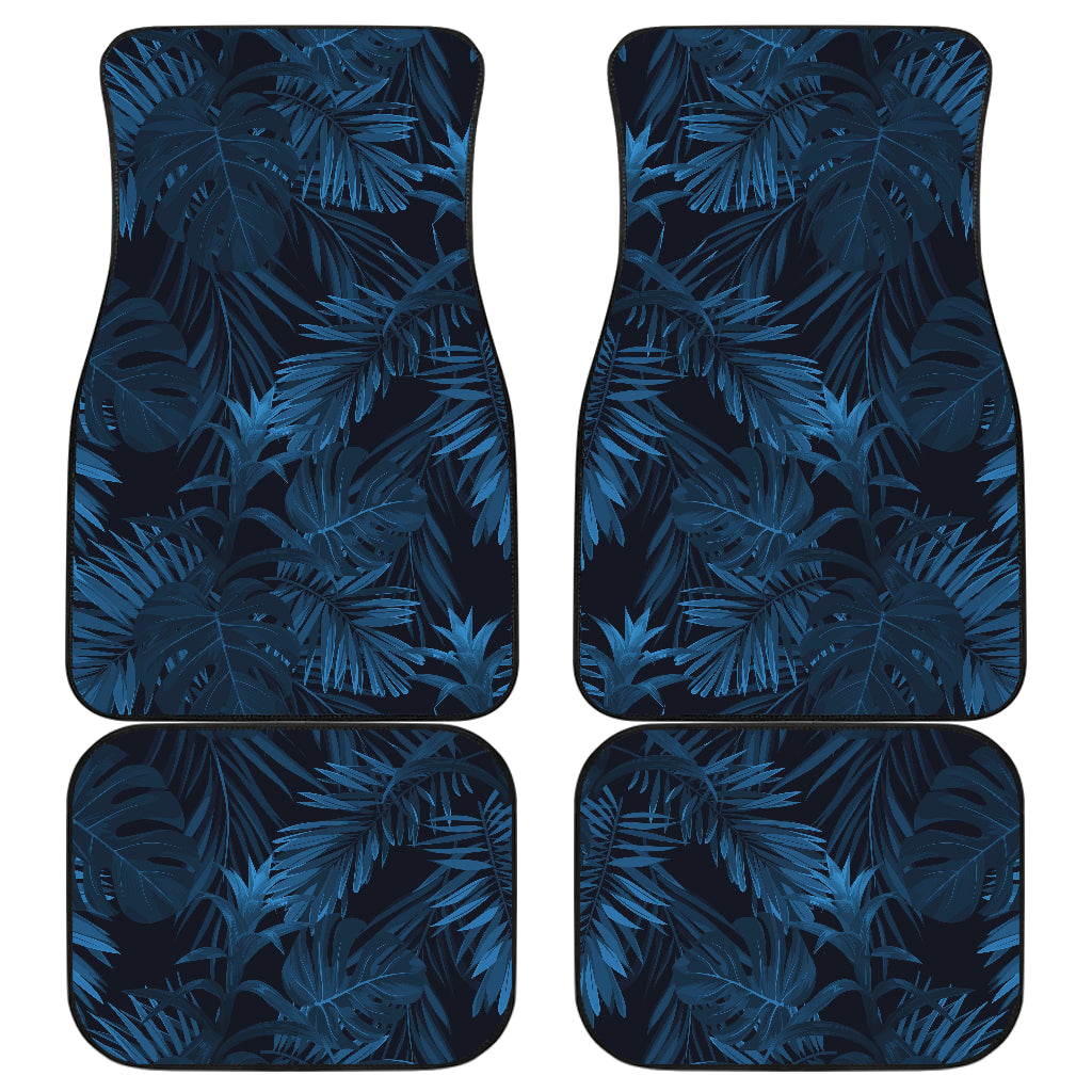 Dark Blue Tropical Leaf Pattern Print Front and Back Car Floor Mats