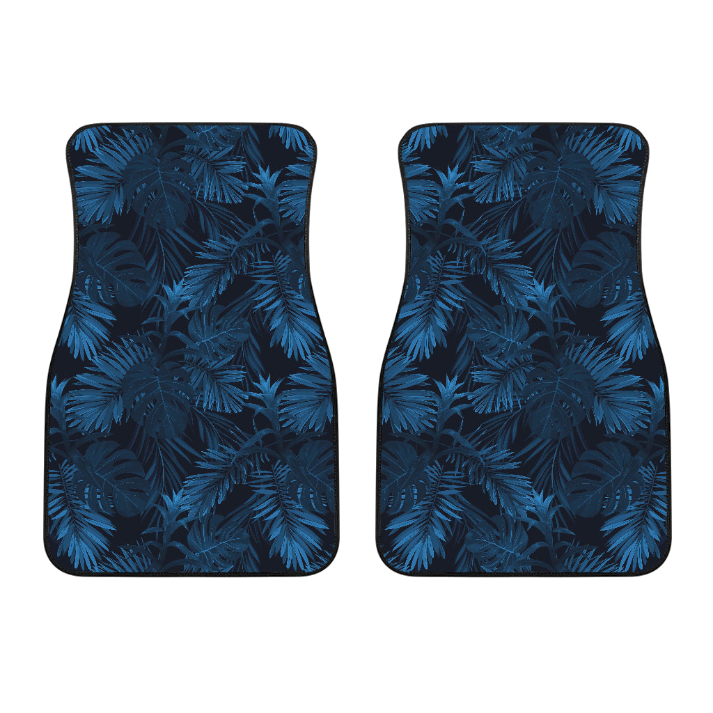 Dark Blue Tropical Leaf Pattern Print Front Car Floor Mats