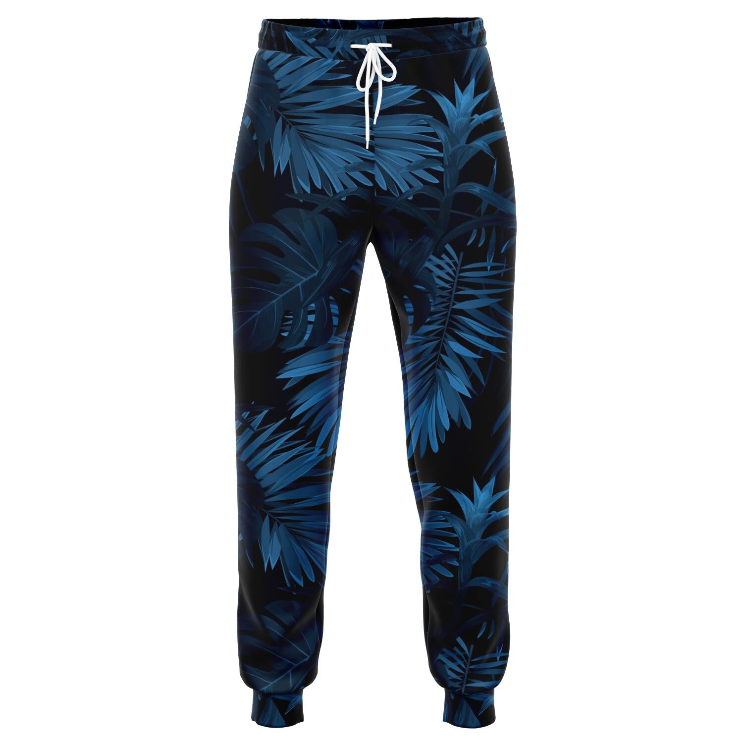 Dark Blue Tropical Leaf Pattern Print Jogger Pants