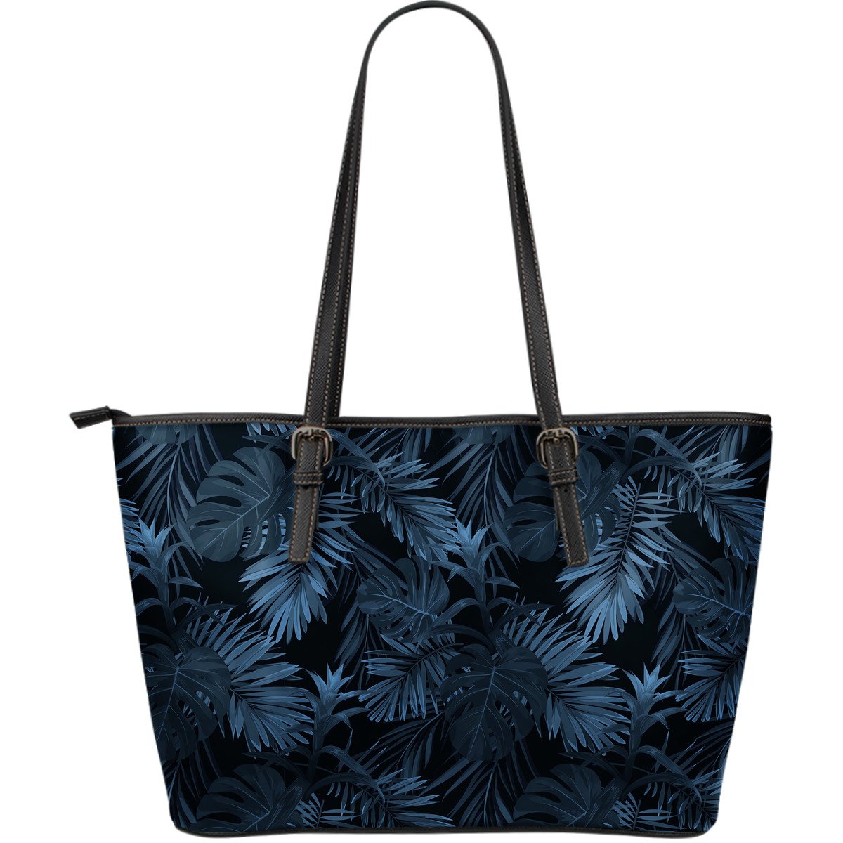 Dark Blue Tropical Leaf Pattern Print Leather Tote Bag