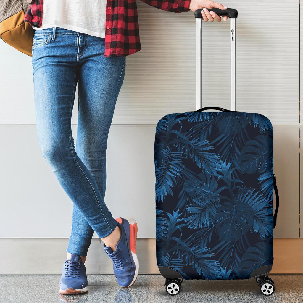 Dark Blue Tropical Leaf Pattern Print Luggage Cover