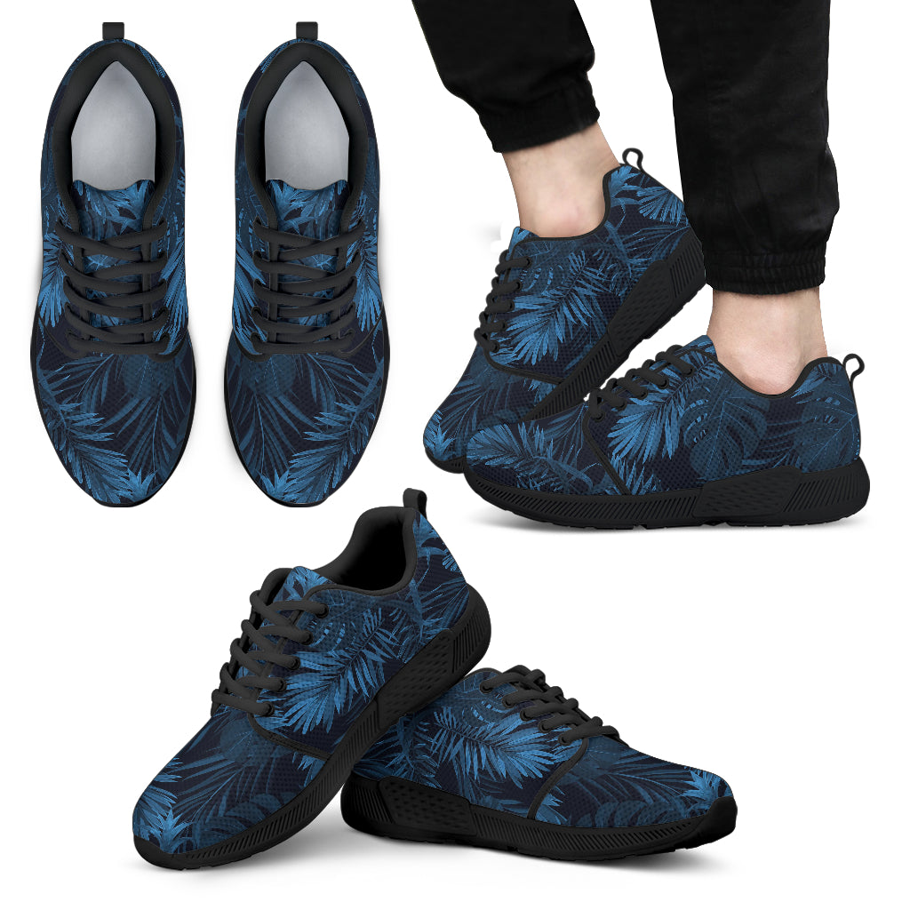 Dark Blue Tropical Leaf Pattern Print Men's Athletic Shoes