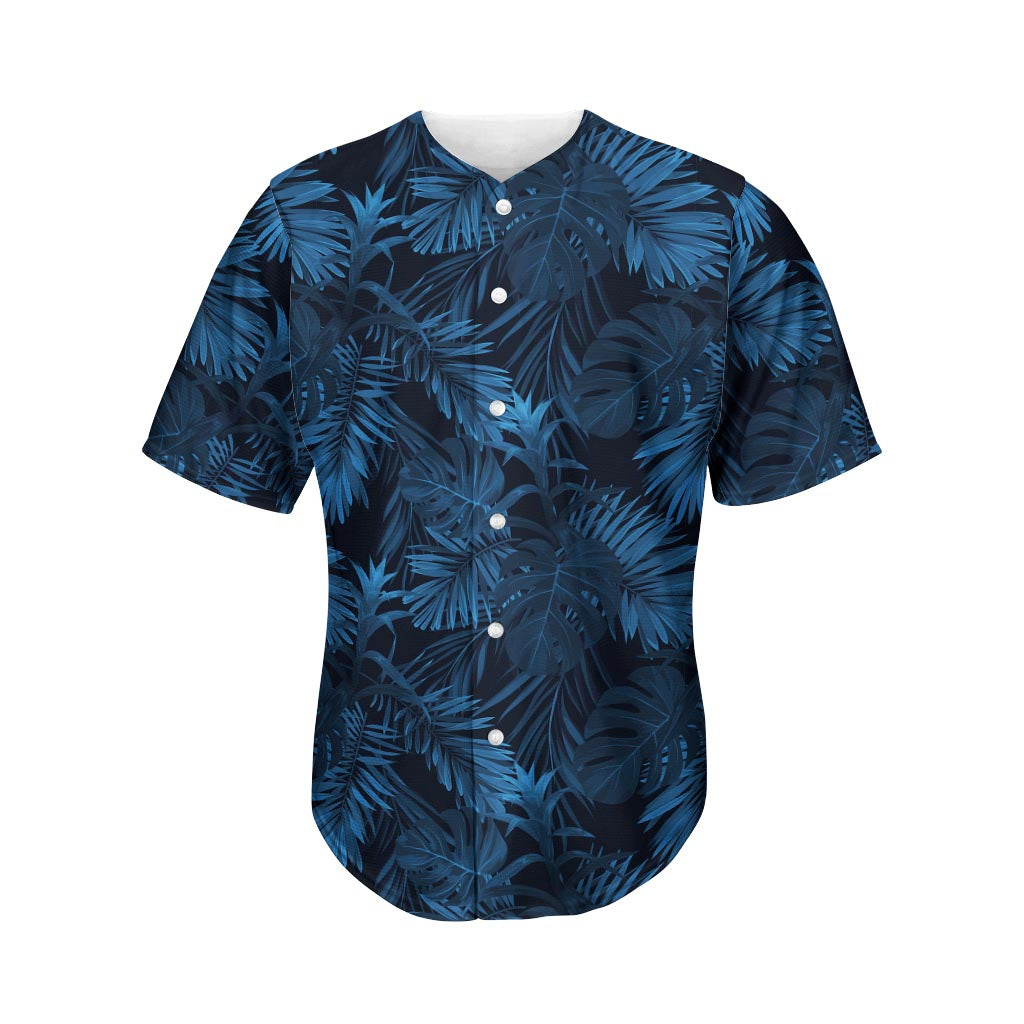 Dark Blue Tropical Leaf Pattern Print Men's Baseball Jersey