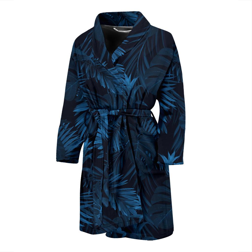 Dark Blue Tropical Leaf Pattern Print Men's Bathrobe