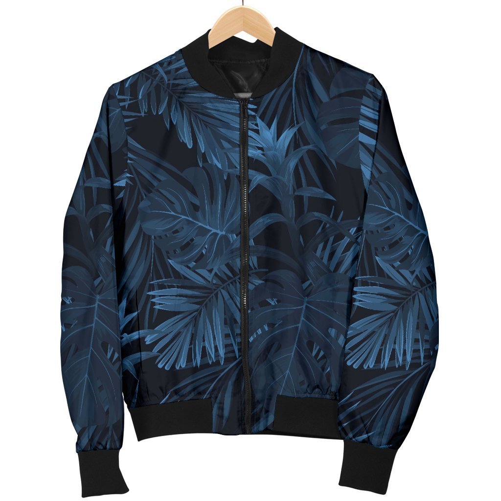 Dark Blue Tropical Leaf Pattern Print Men's Bomber Jacket