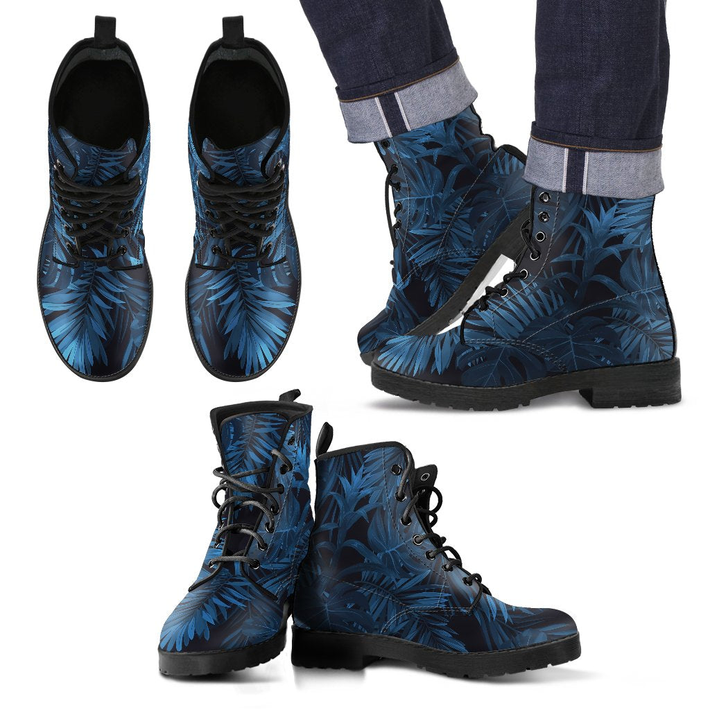 Dark Blue Tropical Leaf Pattern Print Men's Boots