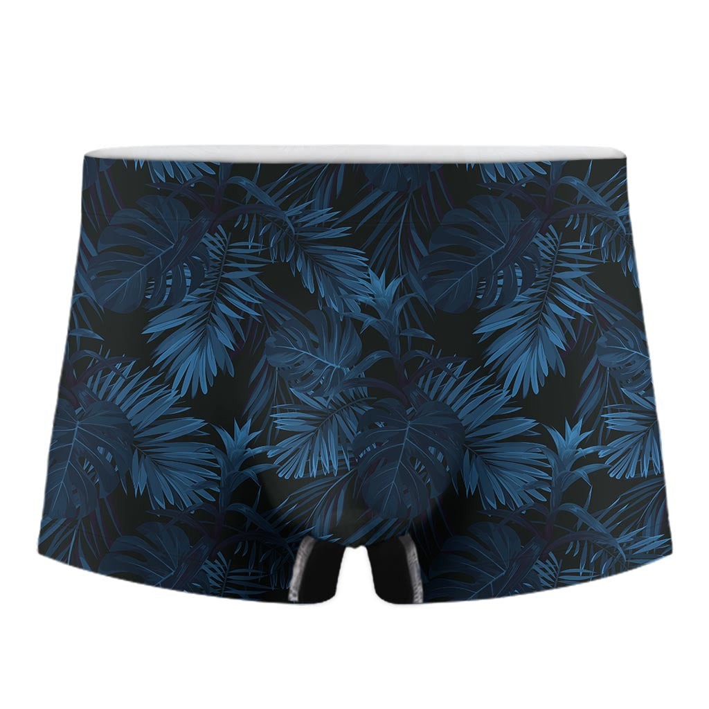 Dark Blue Tropical Leaf Pattern Print Men's Boxer Briefs