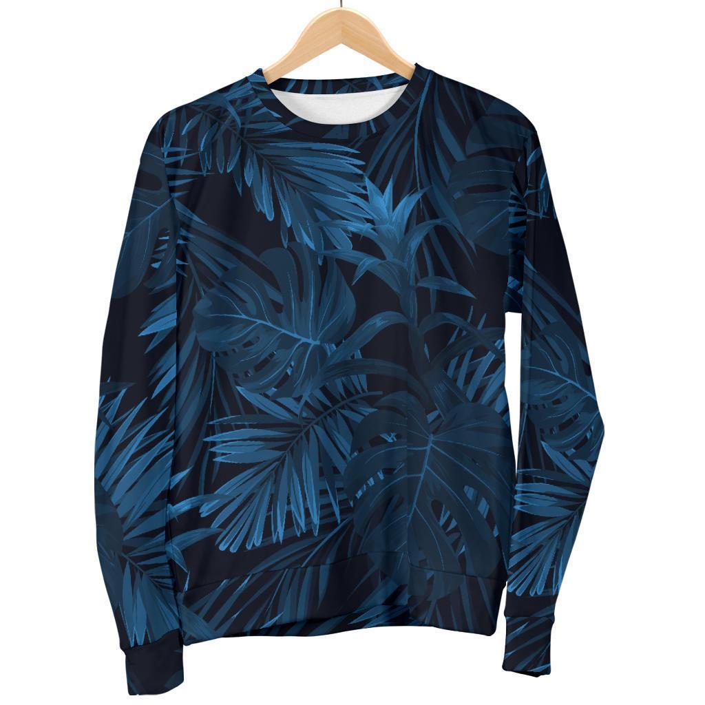 Dark Blue Tropical Leaf Pattern Print Men's Crewneck Sweatshirt