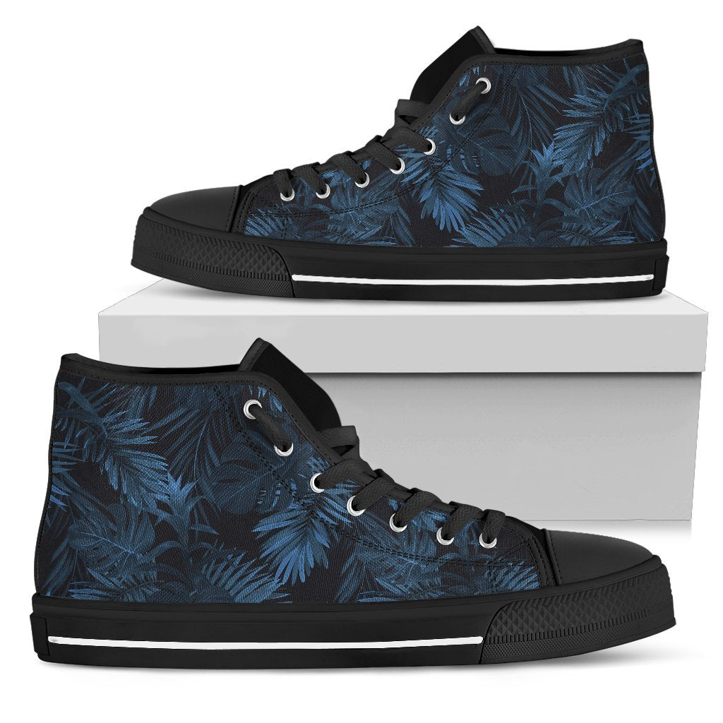 Dark Blue Tropical Leaf Pattern Print Men's High Top Shoes