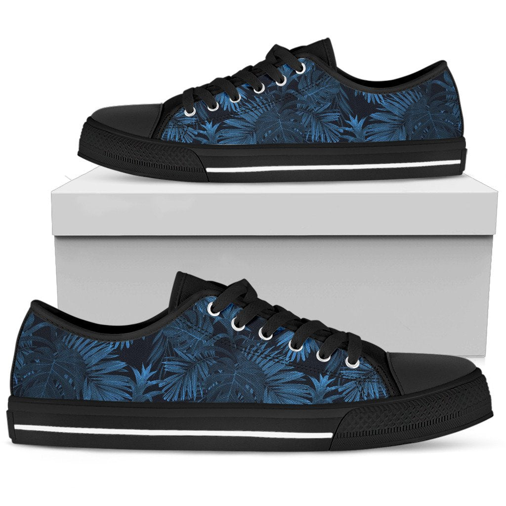 Dark Blue Tropical Leaf Pattern Print Men's Low Top Shoes