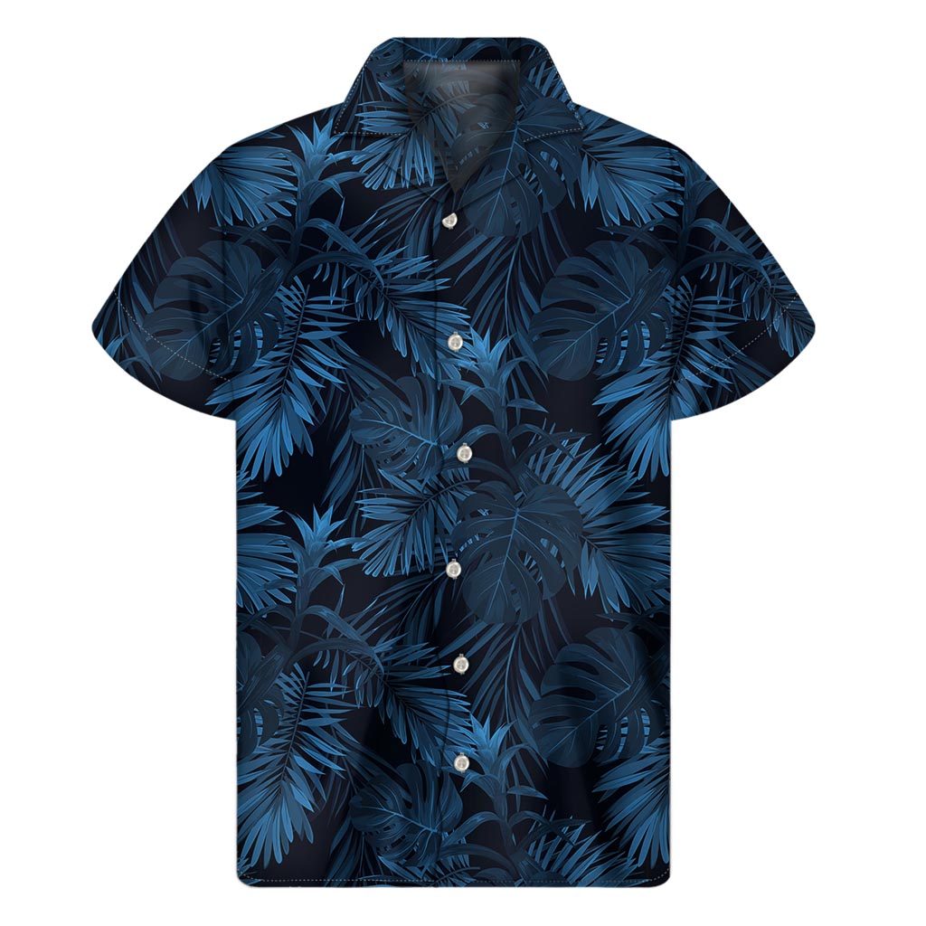 Dark Blue Tropical Leaf Pattern Print Men's Short Sleeve Shirt