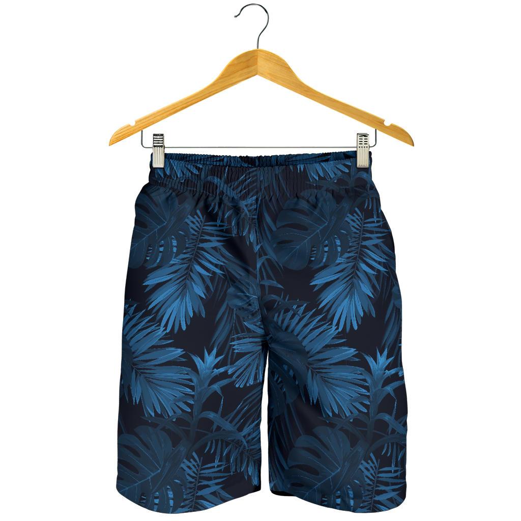 Dark Blue Tropical Leaf Pattern Print Men's Shorts