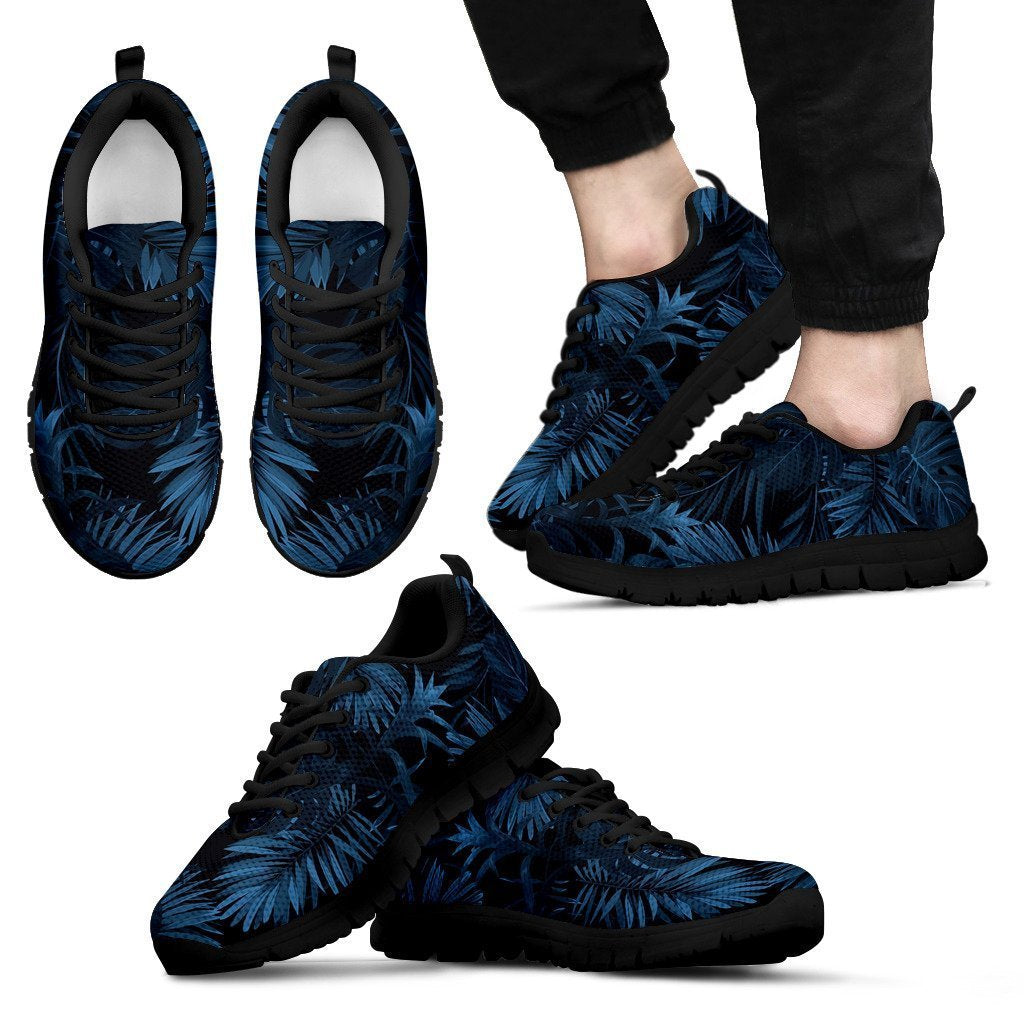 Dark Blue Tropical Leaf Pattern Print Men's Sneakers