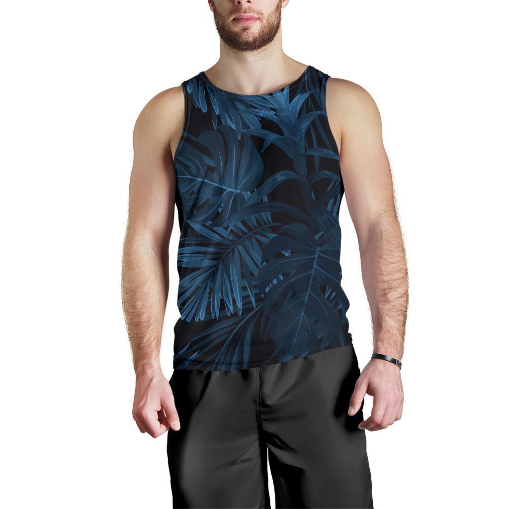 Dark Blue Tropical Leaf Pattern Print Men's Tank Top