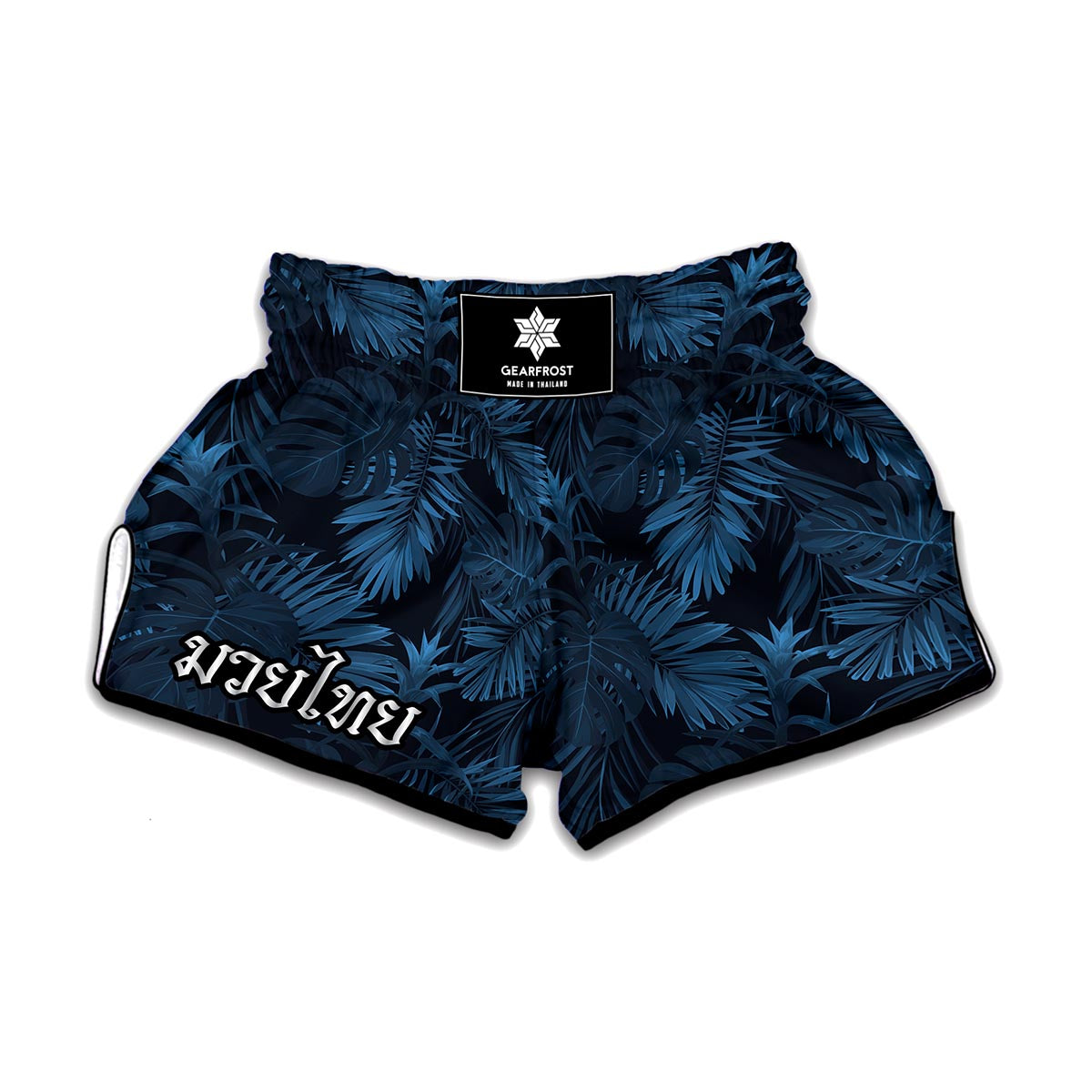 Dark Blue Tropical Leaf Pattern Print Muay Thai Boxing Shorts