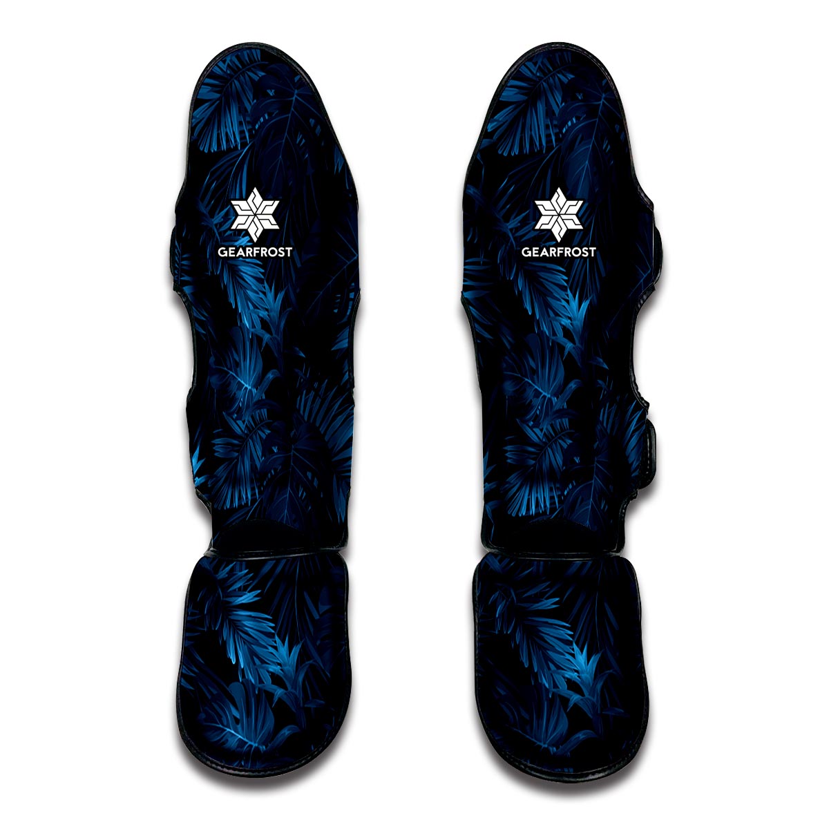 Dark Blue Tropical Leaf Pattern Print Muay Thai Shin Guards