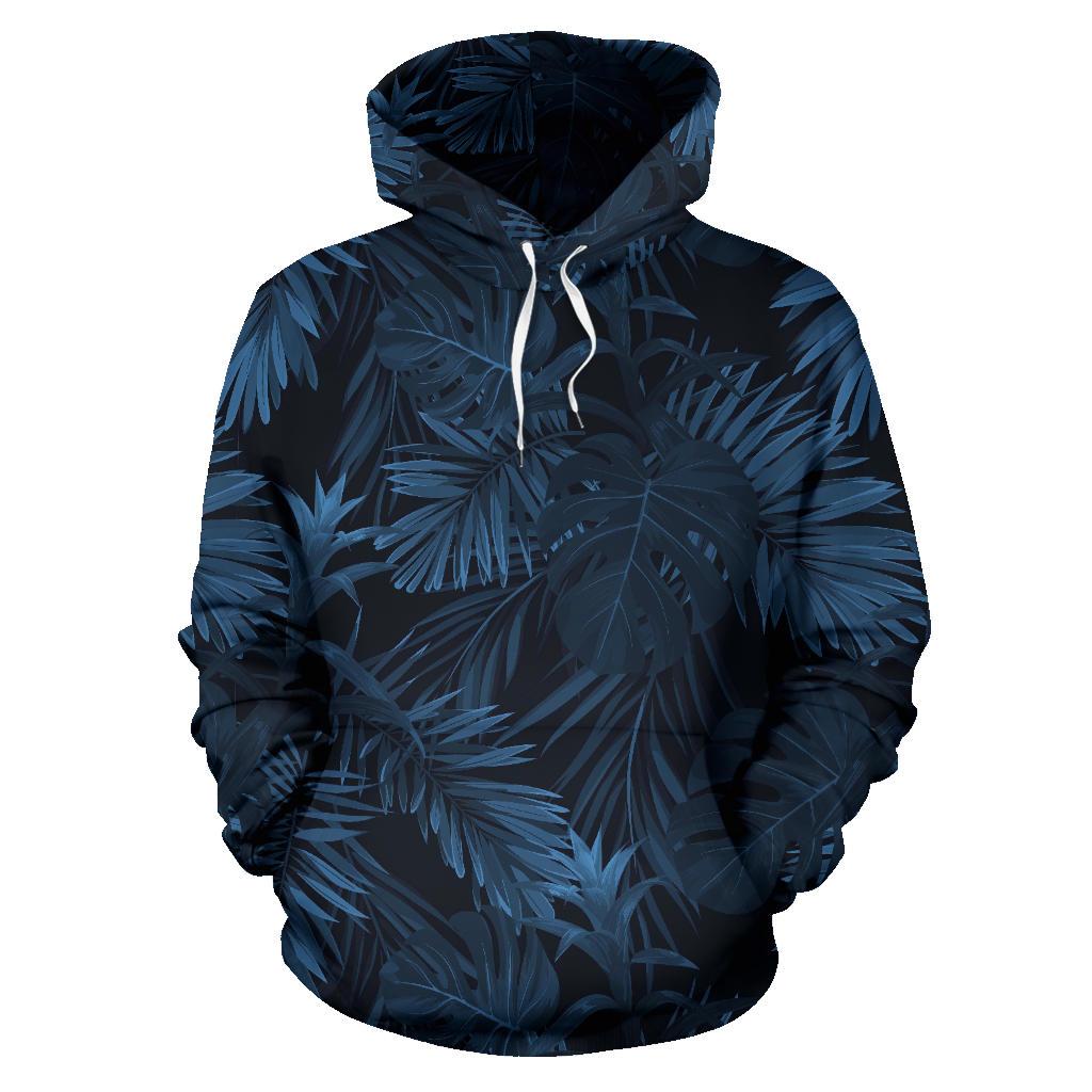 Dark Blue Tropical Leaf Pattern Print Pullover Hoodie