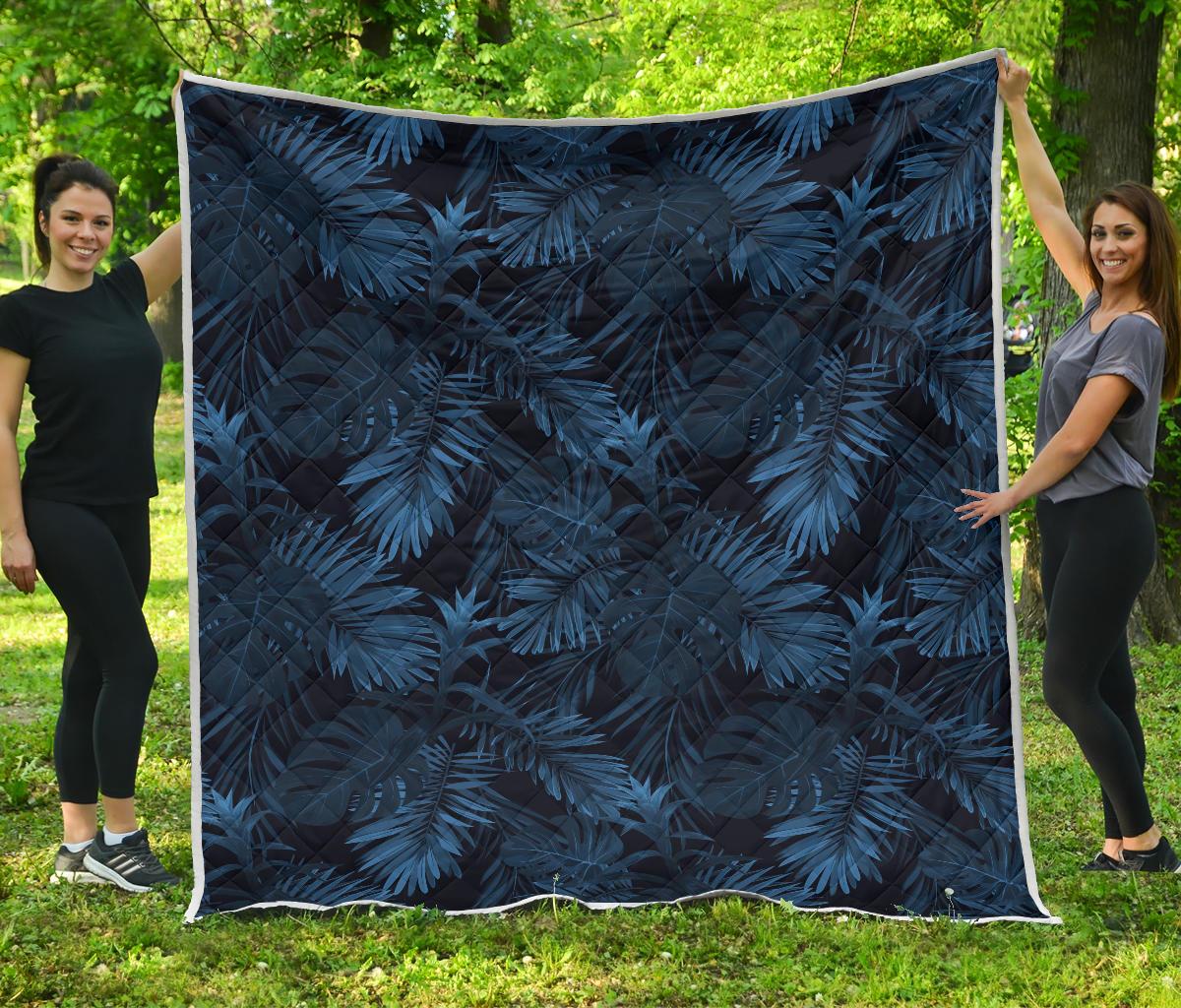 Dark Blue Tropical Leaf Pattern Print Quilt