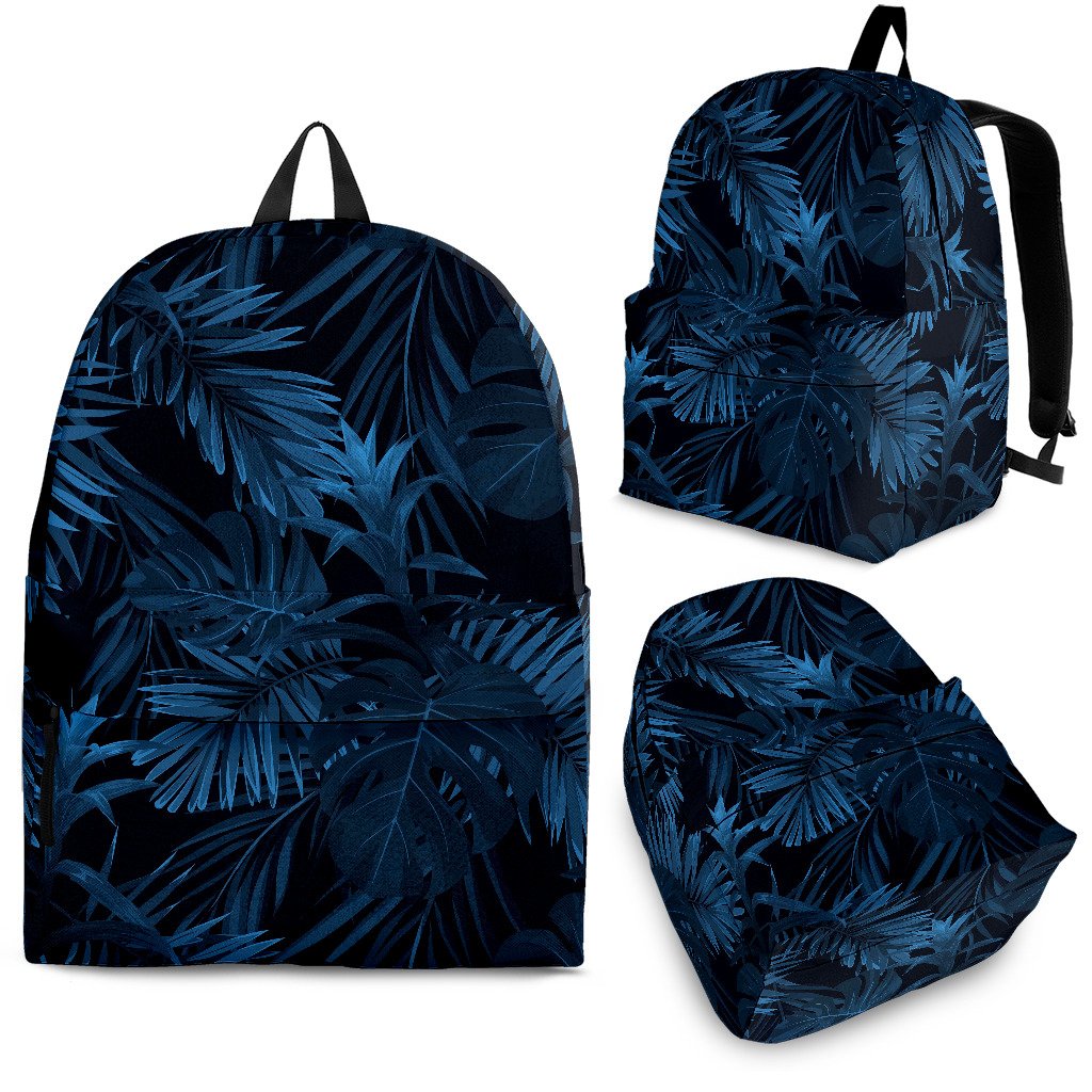 Dark Blue Tropical Leaf Pattern Print School Backpack