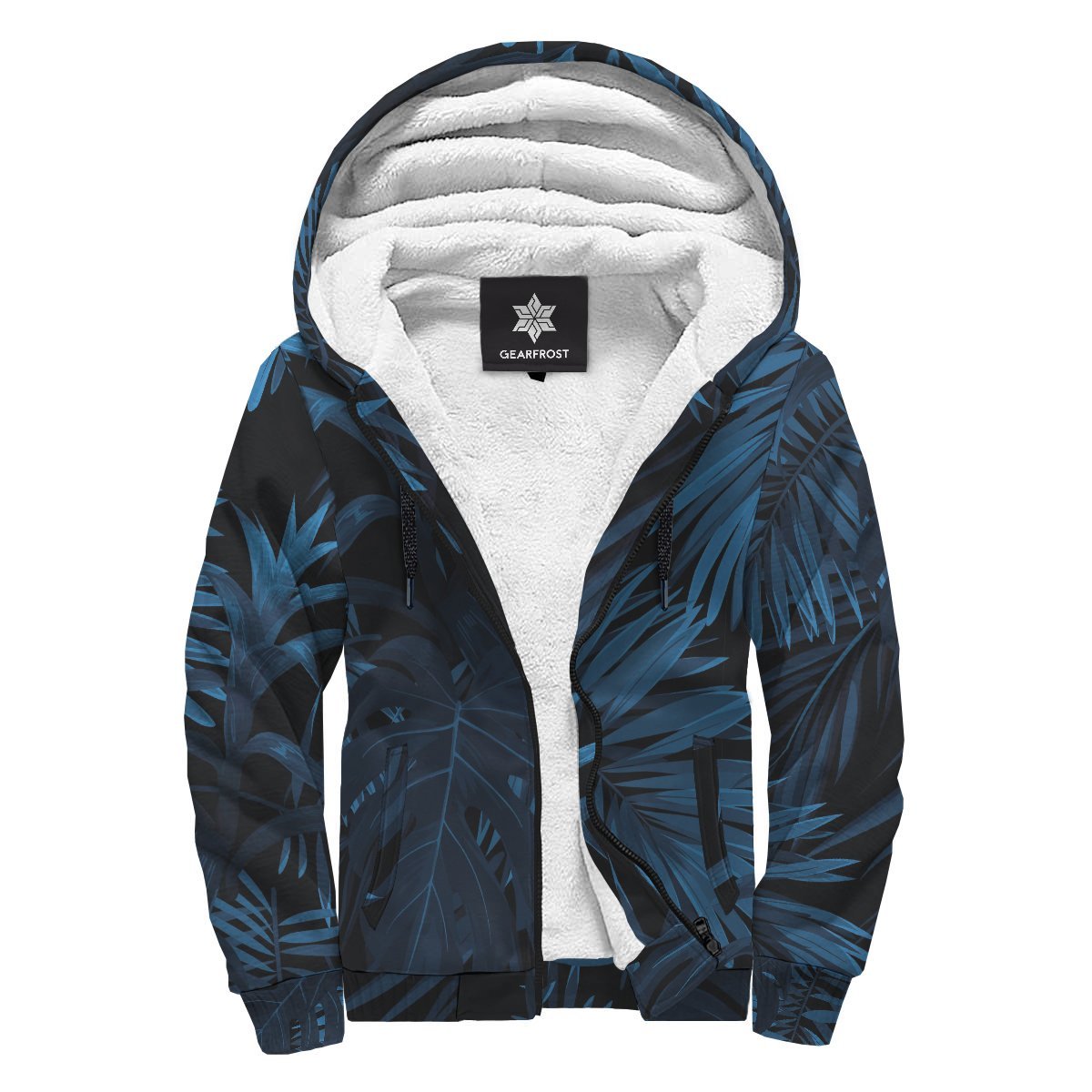 Dark Blue Tropical Leaf Pattern Print Sherpa Lined Fleece Hoodie