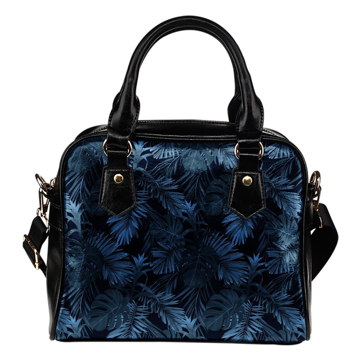 Dark Blue Tropical Leaf Pattern Print Shoulder Handbag