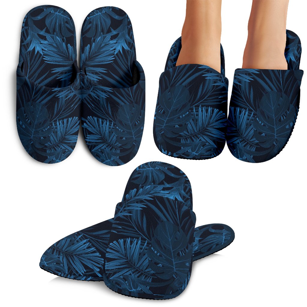 Dark Blue Tropical Leaf Pattern Print Slippers